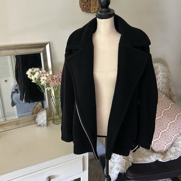 & other stories black wool long oversized side zip polo collared moto jacket S​ - Picture 2 of 16